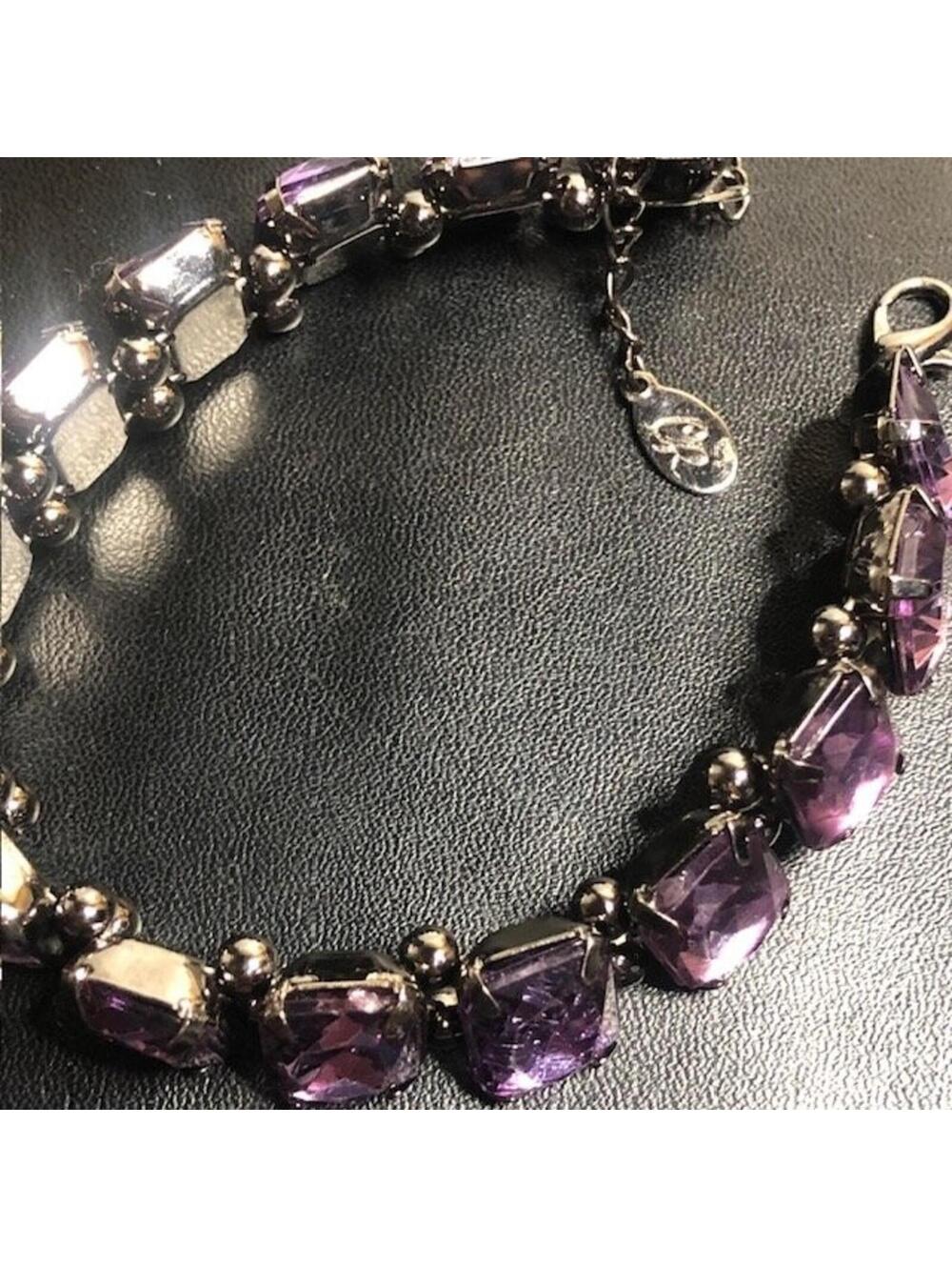 B0627 CR Purple Rhinestone Link Bracelet Adjustable  Black 7.5-10" - Picture 2 of 2